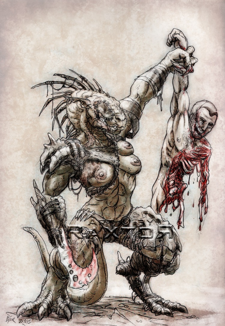 3_missing_limbs amputee armor blood bodily_fluids bone breasts claws clothed clothing death disability duo e621 female gore gore_focus grotesque_death human humanoid_pointy_ears mammal melee_weapon missing_all_legs monster pointy_ears raxt0r rib_cage scales simple_background spine tail topless warrior weapon white_background wounded
