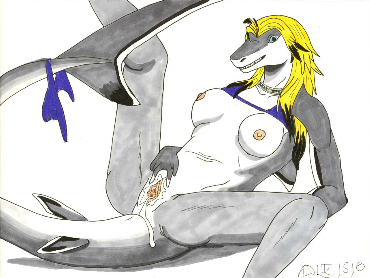 adleisio anthro aquatic blonde_hair bodily_fluids breasts carcharhinus clitoris cum dripping e621 female fish genital_fluids genitals hair leaking masturbation nipples non-mammal_breasts non-mammal_nipples requiem_shark shark silver_tip silvertip_shark solo tail theia vaginal vaginal_masturbation vulva