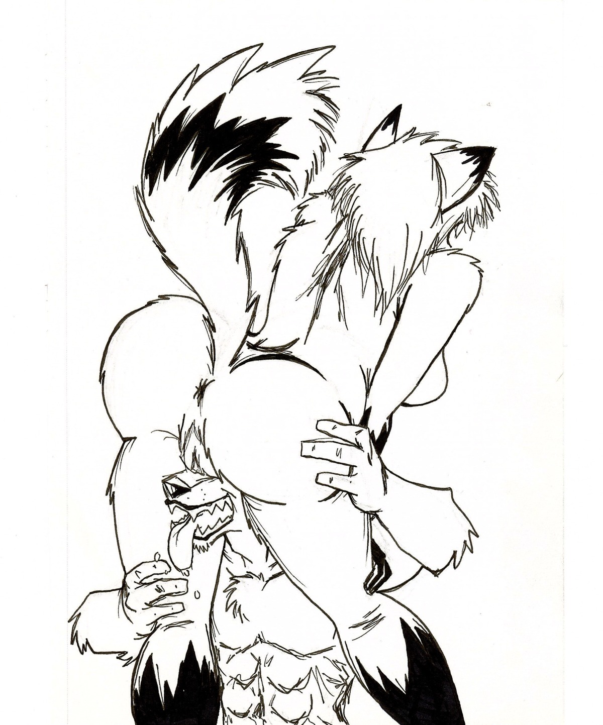 abs allan_mcdougal anthro anus big_butt black_and_white bodily_fluids breasts butt canid canine canis domestic_dog drooling duo e621 female fox genitals hi_res male mammal meme monochrome nude open_mouth saliva side_boob tail these_aren't_my_glasses tongue tongue_out vulva wolf