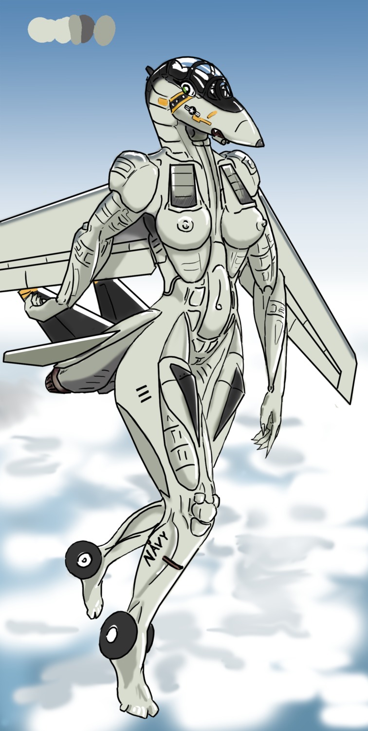 absurd_res aeromorph aircraft alternate_species anthro breasts cloud e621 f-14 female genitals green_eyes hi_res living_aircraft living_machine living_vehicle machine nipples not_furry outside redout sky skyscape small_breasts solo vehicle vulva