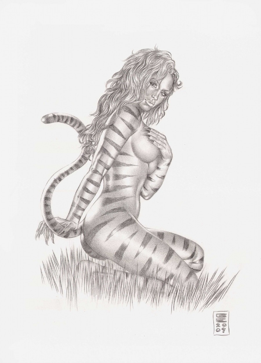 1girls 2009 avengers breasts female female_only gene_espy greer_nelson greyscale marvel marvel_comics monochrome nude rule34 side_view solo stripes tagme tigra white_background
