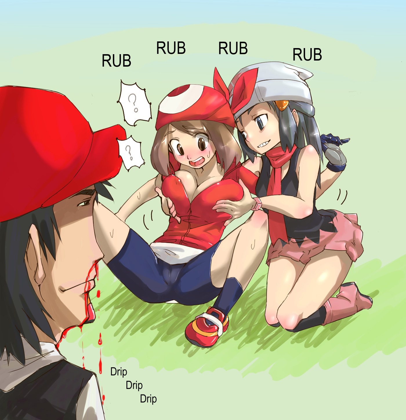 2girls boots dawn_(pokemon) female female_only game_freak human human_only may_(pokemon) multiple_females multiple_girls nintendo pokemon pokemon_dppt pokemon_rse red_bandana rule34 satoshi_(pokemon) tagme yuri