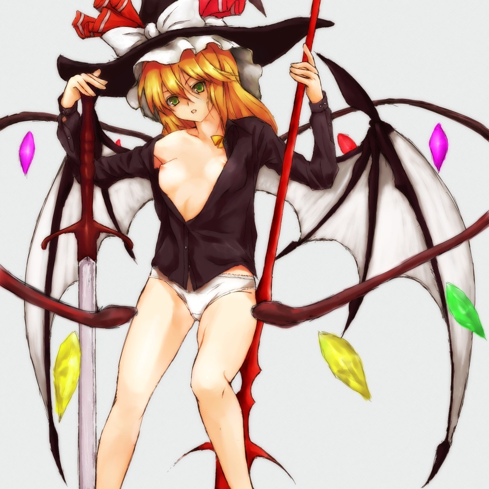bat_wings blonde_hair breasts female flandre_scarlet fusion green_eyes hat human kuku_px laevatein marisa_kirisame nipple_slip nipples no_bra open_clothes open_shirt panties reimu_hakurei remilia_scarlet rule34 shirt solo spear_the_gungnir sword touhou underwear weapon white_panties wings witch_hat