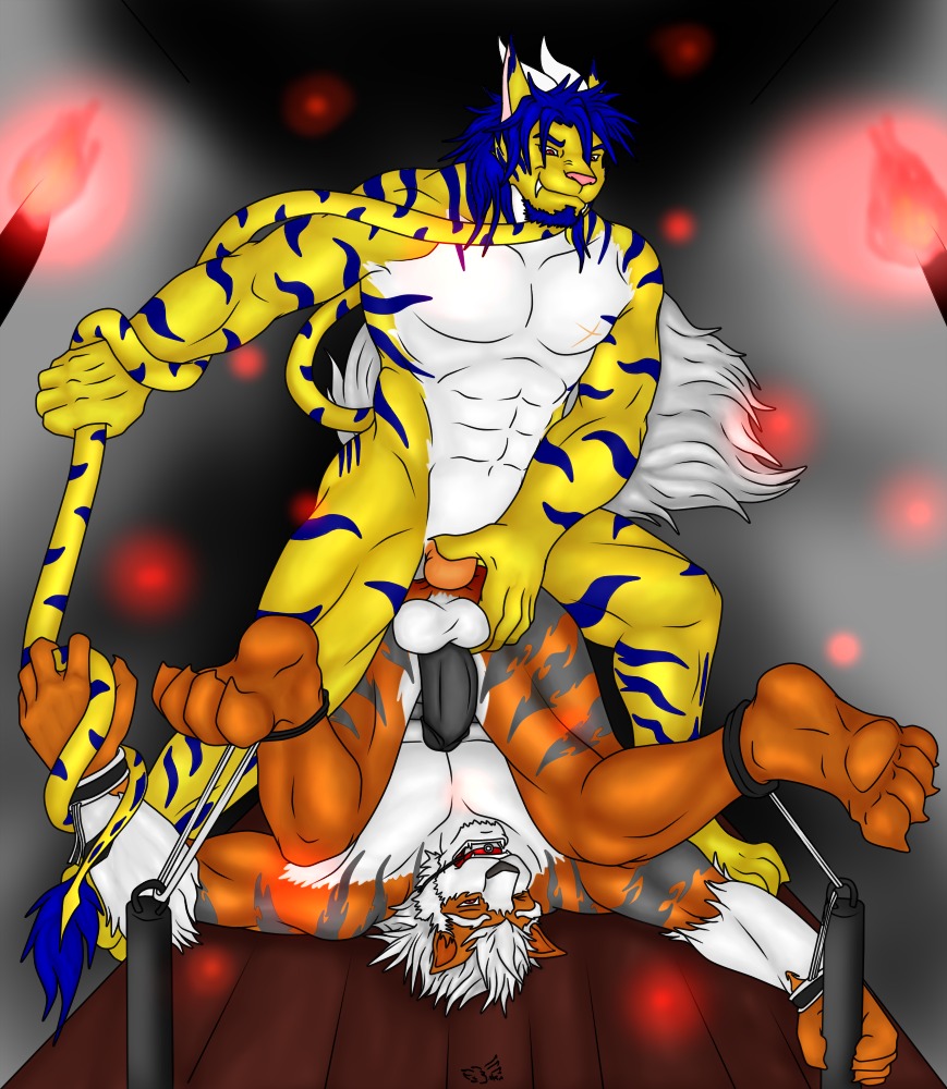 2014 abs anal anal_penetration anthro arcanine ball_gag balls bdsm biceps bondage bound canid canine dominant dominant_male duo e621 erection felid fire fur gag gagged generation_1_pokemon genitals horn humanoid_genitalia humanoid_penis hunter_ramirez hunterramirez long_tail male male/male male_penetrated male_penetrating male_penetrating_male mammal muscular nintendo nude pantherine pecs penetration penis piledriver_position pokemon pokemon_(species) sex smile stripes submissive submissive_male tail teeth tiger
