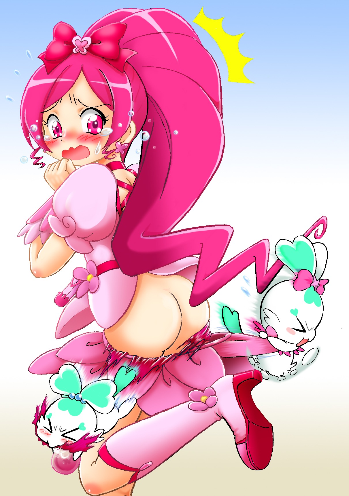 >_< ass blush bow clothing cure_blossom female highres hoshikawa_tsukimi magical_girl no_panties precure pretty_cure rule34 tear torn_clothes tsubomi_hanasaki