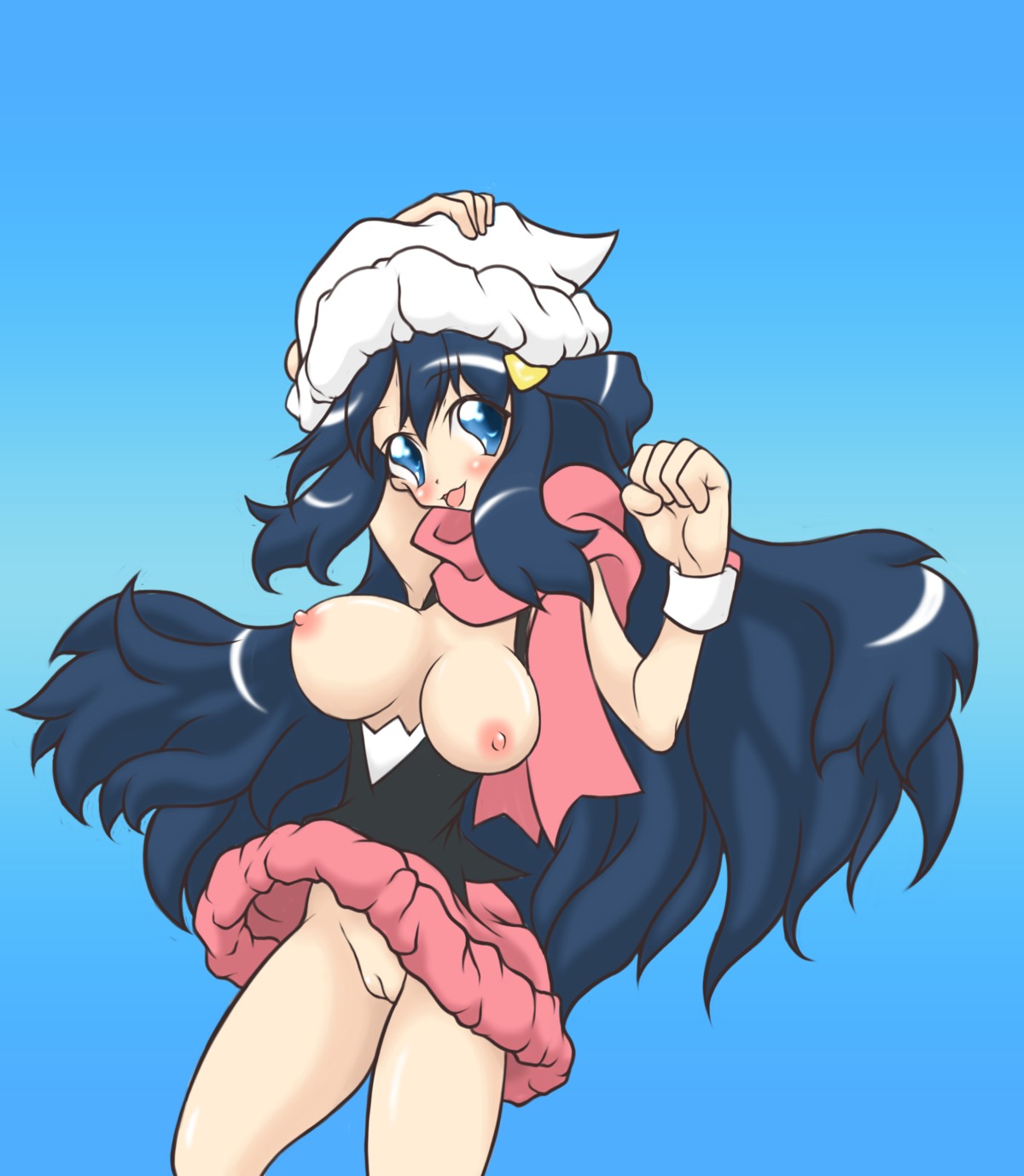 beanie beige_skin blue_background blue_eyes blush breasts color dawn_(pokemon) female female_only hair hat human long_hair nintendo nipples open_eyes pokemon poketch pussy rule34 scarf solo vulva