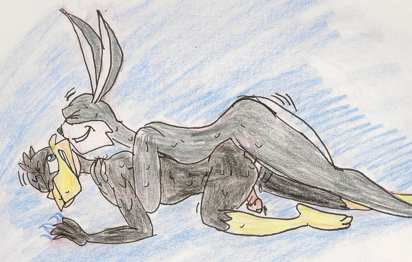 ace_bunny anthro danger_duck duck fur furry furry_only interspecies loonatics_unleashed male male_only multiple_males no_humans nude rabbit rule34 sex side_view soft_feathers warner_brothers yaoi