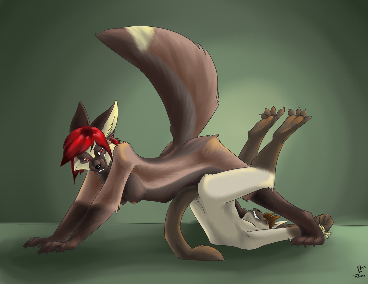 2012 all_fours anthro breasts brown_body brown_fur canid canine domestic_cat duo e621 eyes_closed felid feline felis female female/female fox fur hair legs_up mammal nude obscured_genitals obscured_sex obscured_tribadism obscured_vaginal pmoss raised_tail red_hair sex side_boob tail tan_body tan_fur tribadism unusual_position vaginal