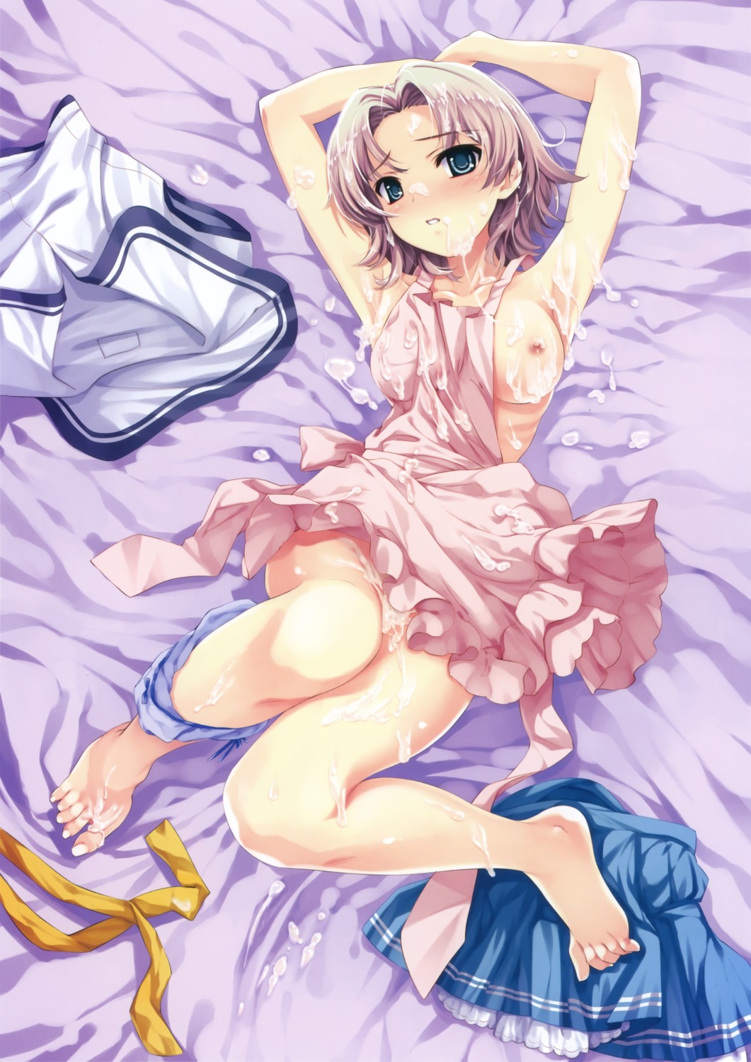 abhar apron barefoot blush breasts cum facial feet female hadaka_apron hanami_mar'ya high_res legs misaki_kurehito nipples one_breast_out oppai panty_pull rule34 suiheisen_made_nan_mile?