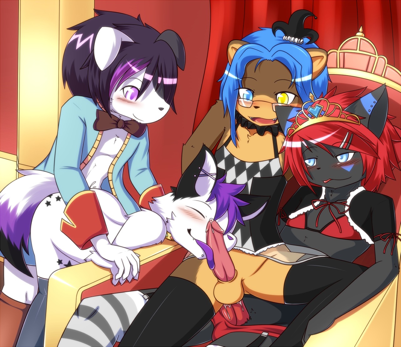 anthro anthro_on_anthro anthrootterperson balls bodily_fluids canid canine canis clothed clothing creedofkaze crossdressing cum domestic_cat domestic_dog e621 erection felid feline felis femboy genital_fluids genitals gennaro group hane hunting_dog husky jack_russell_terrier jester legwear licking male male/male male_penetrated male_penetrating male_penetrating_male mammal messenger mustelid nordic_sled_dog oral otter penetration penile penis penis_lick queen reizo royalty scott_otter servant sex spitz stockings terrier tongue tongue_out
