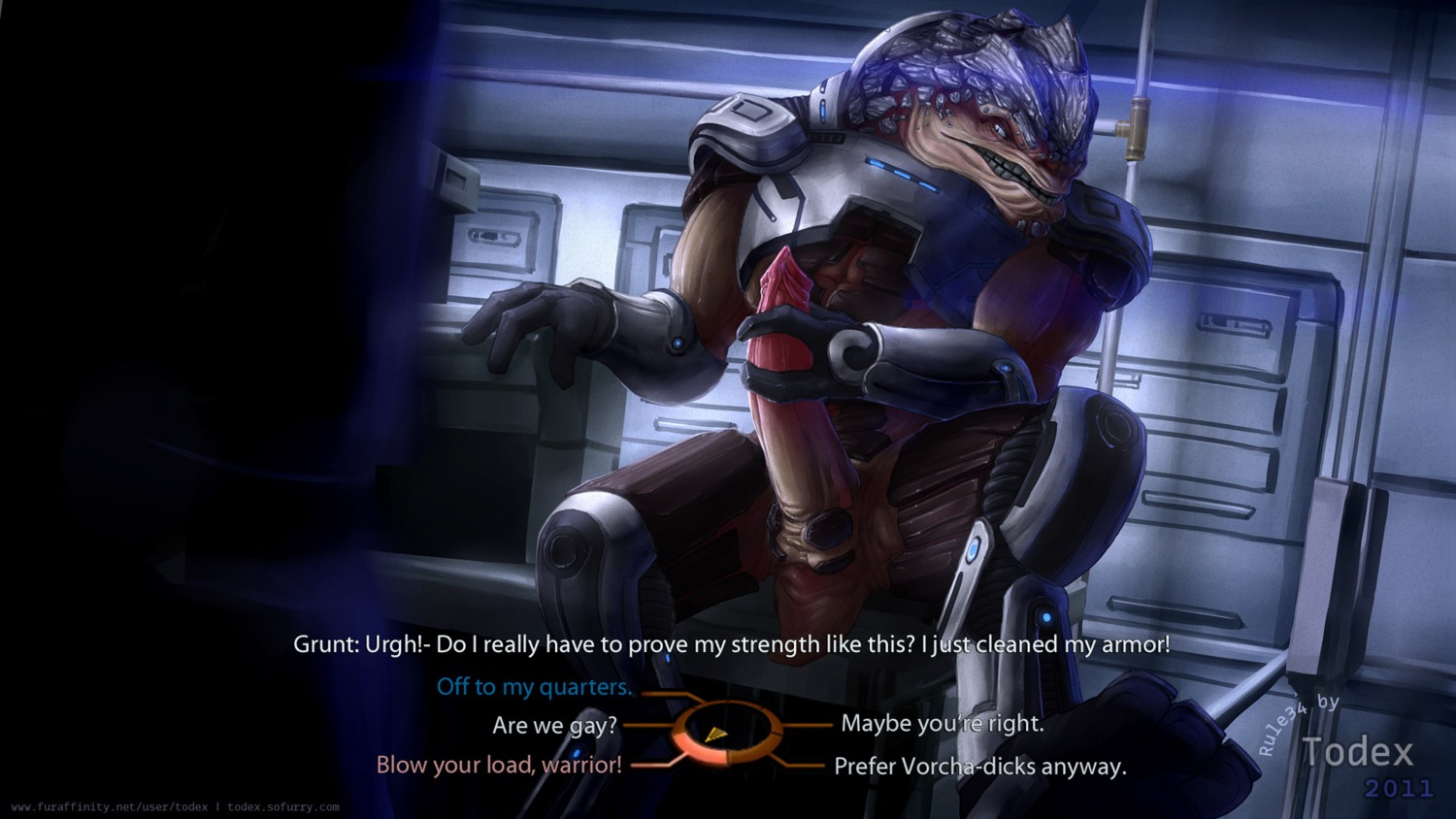 16:9 2011 alien armor balls big_penis bioware e621 electronic_arts english_text erection exclamation_point genitals grunt_(mass_effect) hi_res huge_penis inside krogan male mass_effect masturbation open_mouth penis question_mark scales solo teeth text todex url widescreen