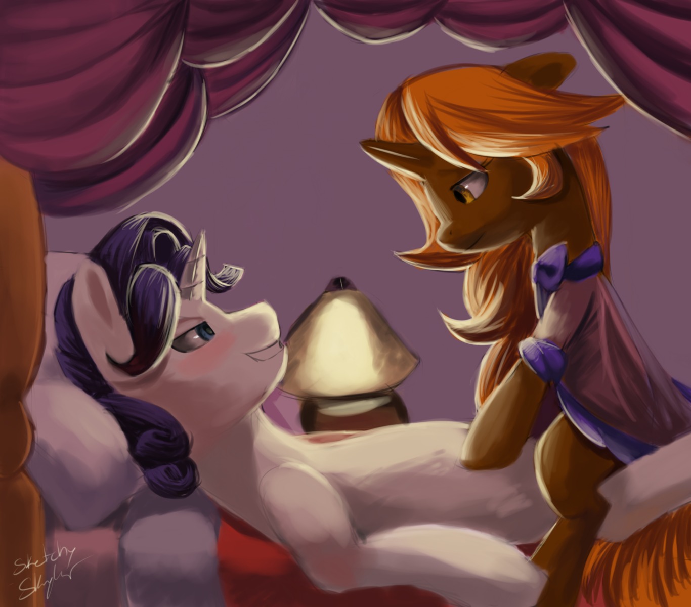 ambiguous_gender bed bedroom blush crossgender duo e621 equid equine eye_contact feral friendship_is_magic ftm_crossgender furniture gown hair hasbro hi_res horn inside lamp looking_at_another lying male mammal my_little_pony mythological_creature mythological_equine mythology on_back pillow purple_hair rarity_(mlp) sketchy_skylar sketchy_skylar_(character) unicorn