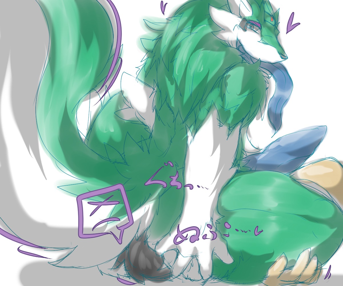 6:5 anthro blue_penis canid canine duo e621 erection facesitting fur genitals green_body green_fur handymonsters human larger_male looking_at_viewer looking_back male male/male mammal penis sakamata simple_background sitting sitting_on_another size_difference smaller_male wazesu_(handymonsters) white_body white_fur