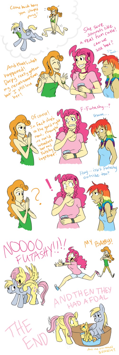absurd_res all_fours alternate_species angry blonde_hair bottomless breasts carrot_top_(mlp) cartoonlion cartoonlion's_futaverse cleavage clothed clothing comic covering covering_self cutie_mark derp_eyes derpy_hooves_(mlp) dialogue doggystyle e621 english_text equid equine exclamation_point fan_character father_(lore) feathered_wings feathers female feral fluttershy_(mlp) friendship_is_magic from_behind_position fur futashy_(cartoonlion) grey_body grey_feathers grey_fur group gynomorph hair hasbro hi_res hug human humanized humor impregnation intersex mammal mother_(lore) multicolored_hair my_little_pony mythological_creature mythological_equine mythology navel nude orange_hair parent_(lore) pegasus pink_clothing pink_hair pink_shirt pink_topwear pinkie_pie_(mlp) quadruped question_mark rainbow_dash_(mlp) rainbow_hair running sex shirt simple_background smile sunkist_(mlp) tail text tongue topwear uhoh white_background wing_boner wings yellow_body yellow_feathers yellow_fur