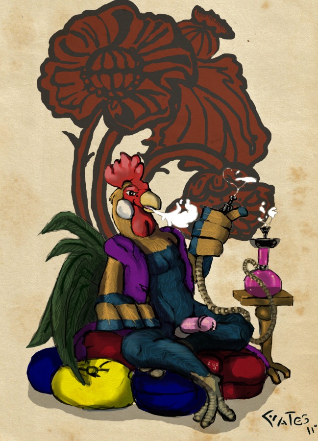 anthro avian bird bodily_fluids chicken cum e621 erection galliform genital_fluids genitals male penis phasianid pillow pinup pose precum smoke solo vates