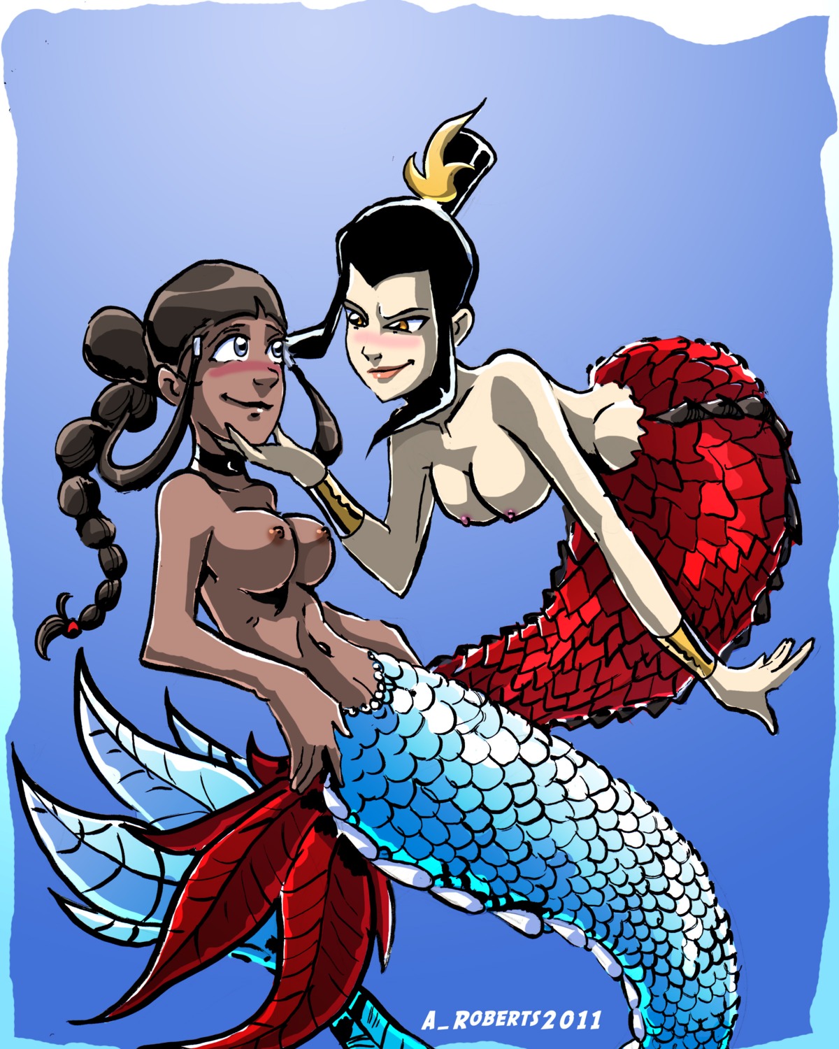 2011 2d 2d_(artwork) 2girls a_roberts aroberts avatar_the_last_airbender azula blush breasts chocolate_and_vanilla dark-skinned_female dark_skin female female_only interracial katara medium_breasts merfolk mermaid mermaid_tail multiple_females multiple_girls rule34 straight_hair tagme water yuri