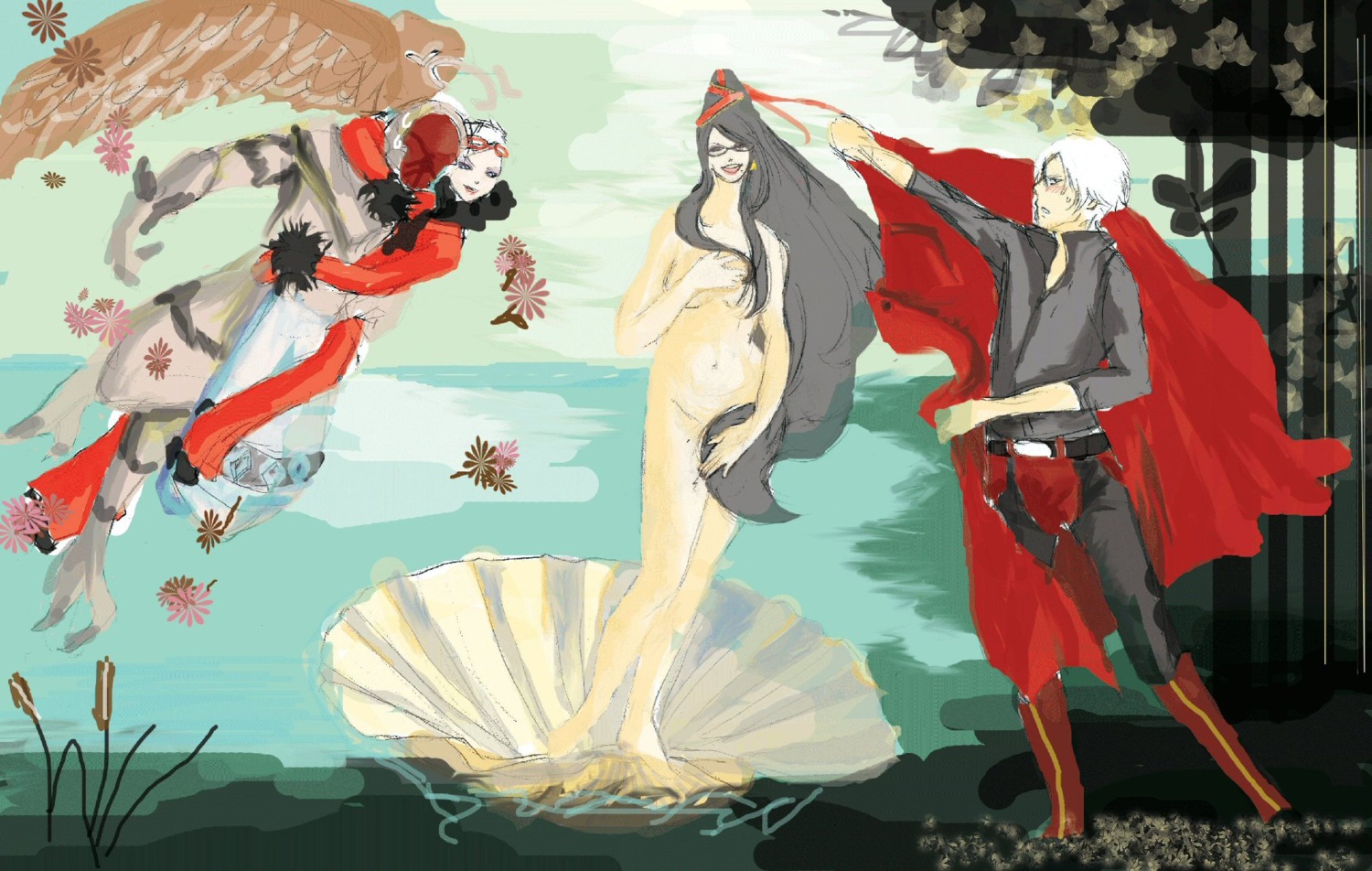 2010 2d 2girls art bayonetta bayonetta_(character) birth_of_venus crossover dante_(devil_may_cry) devil_may_cry devil_may_cry_(series) female fine_art_parody jeanne_(bayonetta) no_nostrils rule34 sega small_nose