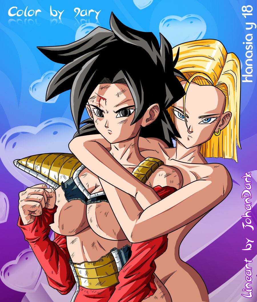 2girls abs android android_18 black_eyes black_hair blonde blonde_hair blood blue_eyes breasts bruise bruises clenched_fist cover_page dragon_ball dragon_ball_z earrings female female_only hanasia hips hugging hugging_from_behind johan_dark looking_at_viewer multiple_females multiple_girls red_sleeves rule34 saiyan saiyan_armor serious spiky_hair tits underboob