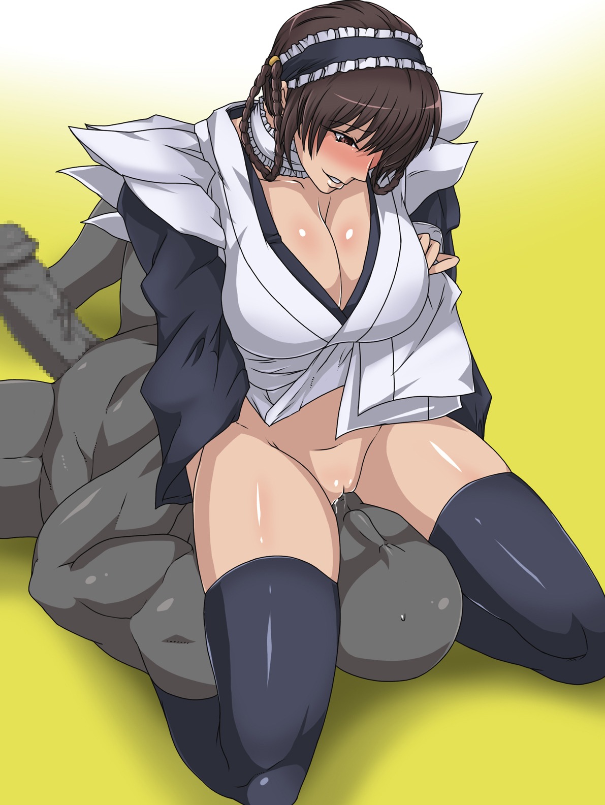 1boy 1girls blush breasts censored cleavage cosplay cunnilingus dead_or_alive erection facesitting female femdom gureko_rouman highres human iroha large_breasts large_penis lei_fang male malesub oral penis pussy rule34 samurai_shodown sitting sitting_on_person smile snk straight