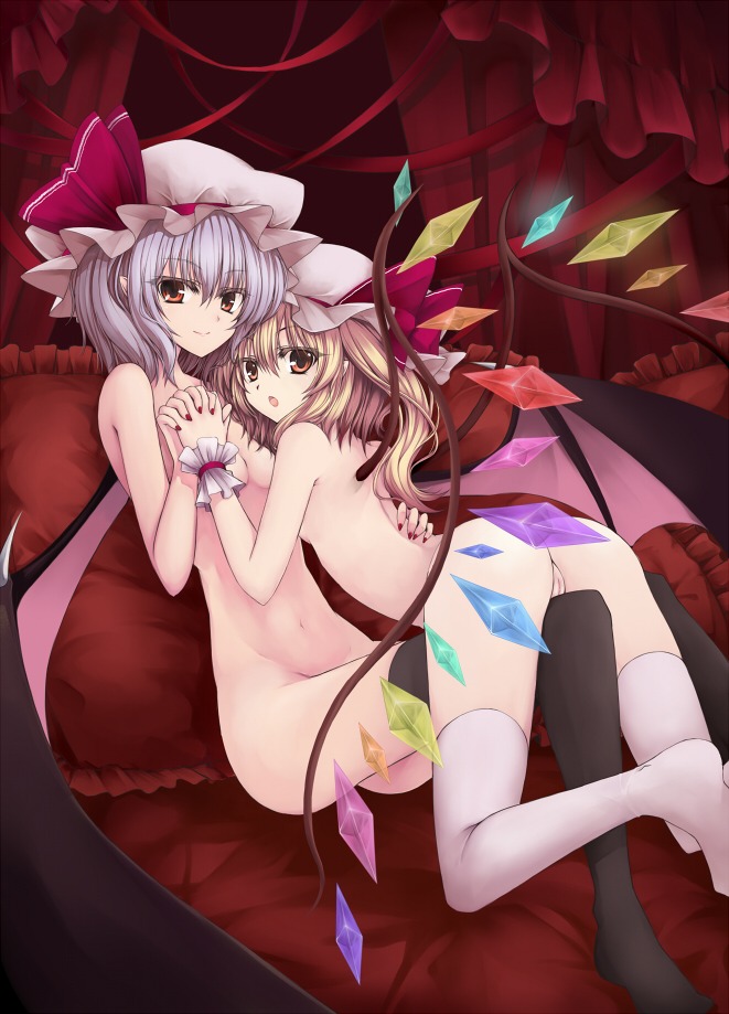 bat_wings blonde_hair blue_hair female flandre_scarlet glowing hand_holding hands_clasped hat holding_hands hug interlocked_fingers legs multiple_females multiple_girls nail_polish nude pointy_ears purple_hair red_eyes remilia_scarlet rule34 short_hair siblings side_ponytail sisters smile straddle thighhighs touhou utakata_(0824) wings wrist_cuffs wristband
