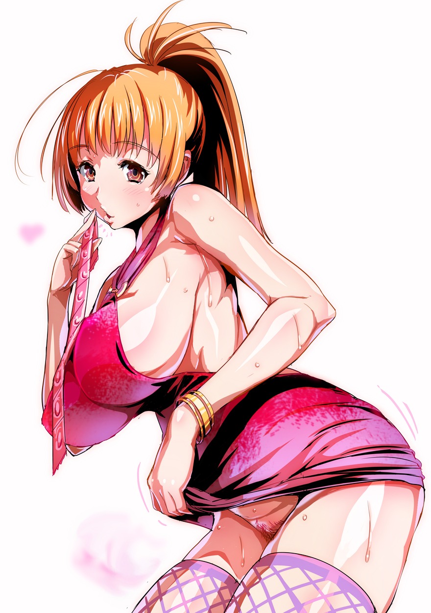breasts brown_eyes brown_hair condom condom_wrapper dress dress_lift female fishnet_legwear fishnet_stockings fishnets highres huge_breasts jewelry large_breasts legwear long_hair no_panties orange_hair original original_character ponytail pubic_hair rule34 shino_(comic_penguin_club) sideboob solo sweat thighhighs tied_hair wet
