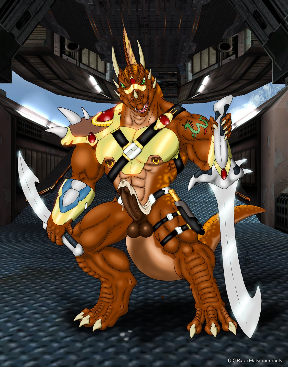 2006 abs anthro armor artist_name balls biceps big_muscles big_penis biped bodily_fluids bottomwear bottomwear_aside claws clothing clothing_aside crotch_apron cum darkened_balls darkened_genitalia darkened_penis dragon dripping dual_wielding e621 erection fangs genital_fluids genitals green_eyes grin hi_res holding_melee_weapon holding_object holding_sword holding_weapon horn ineffective_clothing ineffective_loincloth kaa_bakensobek loincloth loincloth_aside looking_at_viewer male melee_weapon muscular muscular_anthro muscular_male mythological_creature mythological_scalie mythology nipple_piercing nipples non-mammal_balls penis piercing precum precum_drip precum_through_clothing presenting scalie smile solo standing sword tail tattoo teeth text unconvincing_armor url weapon wet wet_clothing