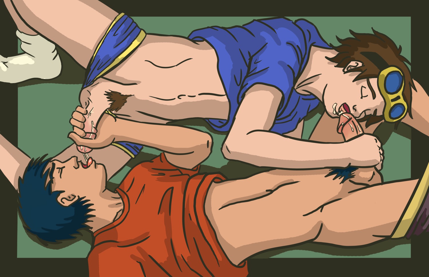 2boys 69 69_position blue_hair brown_hair closed_eyes cum_in_mouth cum_on_face digimon digimon_tamers erection gay goggles_on_forehead henry_wong holding_penis human human_only lee_jianliang male male/male male_only oral oral_sex penis penis_size_difference rule34 sex shirt_up shorts_down sideways socks tagme takato_matsuki tongue tongue_out veiny_penis yaoi