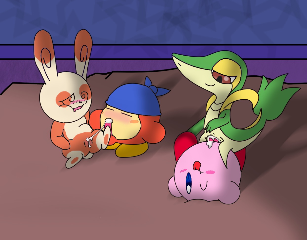 artist_request bandana_waddle_dee bed closed_eyes crossover cum cum_in_pussy female furry kirby kirby_(series) male nintendo penetration penis pokemon pokemon_(species) pokemon_bw pokemon_rse pussy rule34 snivy spinda tail vaginal_penetration