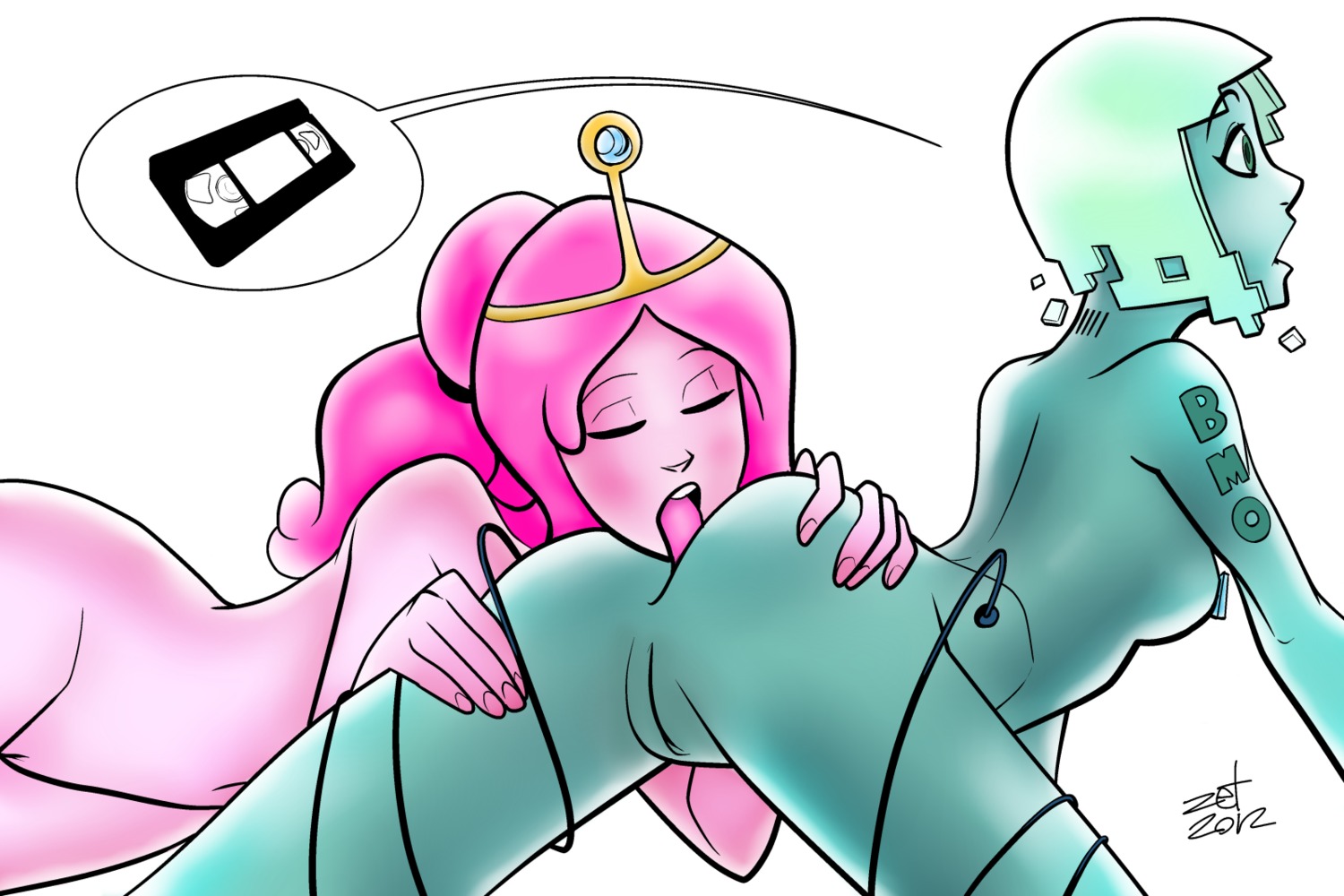 2012 2girls adventure_time anilingus anus ass blue_skin bmo cartoon_network female female_rimming_female green_eyes hair long_hair multiple_females multiple_girls oral pink_hair pink_skin princess_bubblegum pussy rimjob rimming rule34 rule_63 short_hair surprised white_background yuri zet13