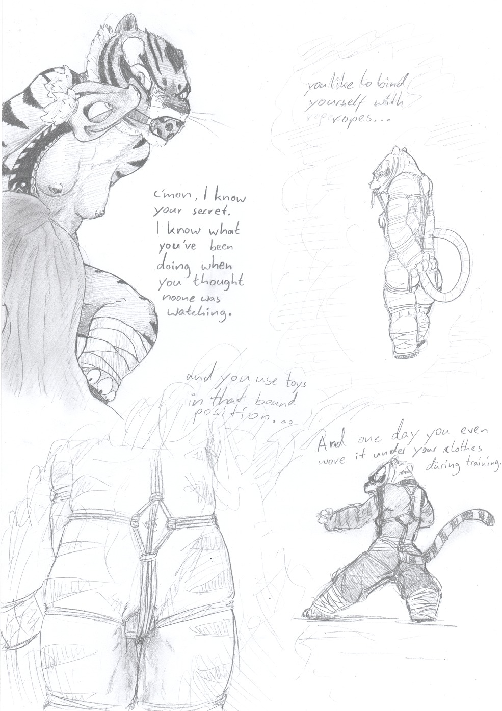 1girls anthro bondage comic dreamworks feline female kung_fu_panda master_tigress master_viper monochrome reptile rule34 scalie sketch snake solo tiger