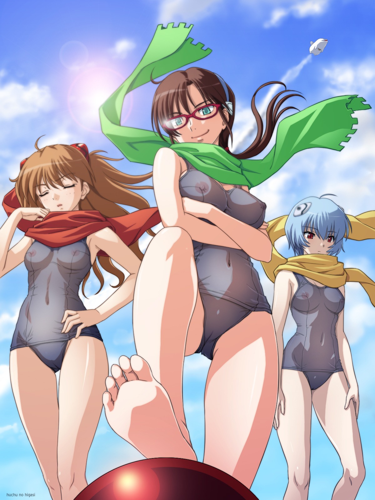 asuka_langley_sohryu breasts feet female glasses large_breasts legs mari_illustrious_makinami medium_breasts mizugi navel neon_genesis_evangelion nipples one-piece_swimsuit pov_feet rebuild_of_evangelion rei_ayanami rule34 scarf see-through see-through_swimsuit soles swimsuit tagme toes