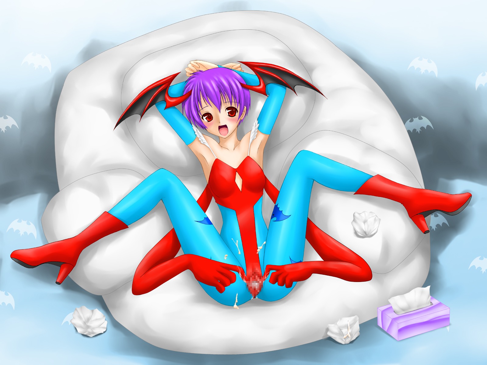 1girls capcom censored clothing cum darkstalkers demon female flat_chest lilith_aensland mosaic_censoring natsuya_(circle) rule34 succubus tagme
