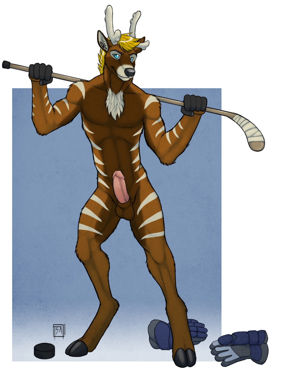 3:4 5_fingers animal_genitalia anthro antlers arm_tuft balls barefoot belly biceps biped black_body black_eyebrows black_fur black_hooves black_markings black_nose blonde_hair blue_background blue_clothing blue_eyes blue_handwear border brown_balls brown_belly brown_body brown_countershading brown_ears brown_face brown_fur brown_sheath casual_erection cheek_tuft chest_tuft closed_smile clothing countershading crotch_lines deer divio e621 elbow_tuft erection eyebrows eyelashes facial_markings facial_tuft feet fingers fluffy fluffy_hair front_view full-length_portrait fur fur_markings fur_tuft genitals glans glistening glistening_antlers glistening_eyes glistening_genitalia glistening_glans glistening_hair glistening_hooves glistening_nose glistening_penis gradient_background grey_clothing grey_handwear hair half-closed_eyes handwear head_markings hi_res hip_tuft hockey hockey_gloves hockey_puck hockey_stick holding_hockey_stick holding_object hooves horn humanoid_genitalia humanoid_hands humanoid_penis inner_ear_fluff knee_tuft leg_tuft looking_at_viewer looking_forward male mammal markings monotone_antlers monotone_balls monotone_belly monotone_genitals monotone_hair monotone_penis mouth_closed multicolored_body multicolored_clothing multicolored_ears multicolored_face multicolored_fur multicolored_handwear multicolored_markings muscular muscular_anthro muscular_male muzzle_(marking) narrowed_eyes navel new_world_deer nude pecs penis pink_glans pink_penis pinup pointy_ears portrait pose prick_ears pupils reindeer sheath short_hair shoulder_tuft signature simple_background slim small_waist smile snout snout_markings solo spiky_hair sport standing striped_arms striped_body striped_fur striped_legs striped_shoulders stripes tsaiwolf tuft urethra v-cut white_antlers white_body white_border white_ears white_face white_fur white_markings white_stripes