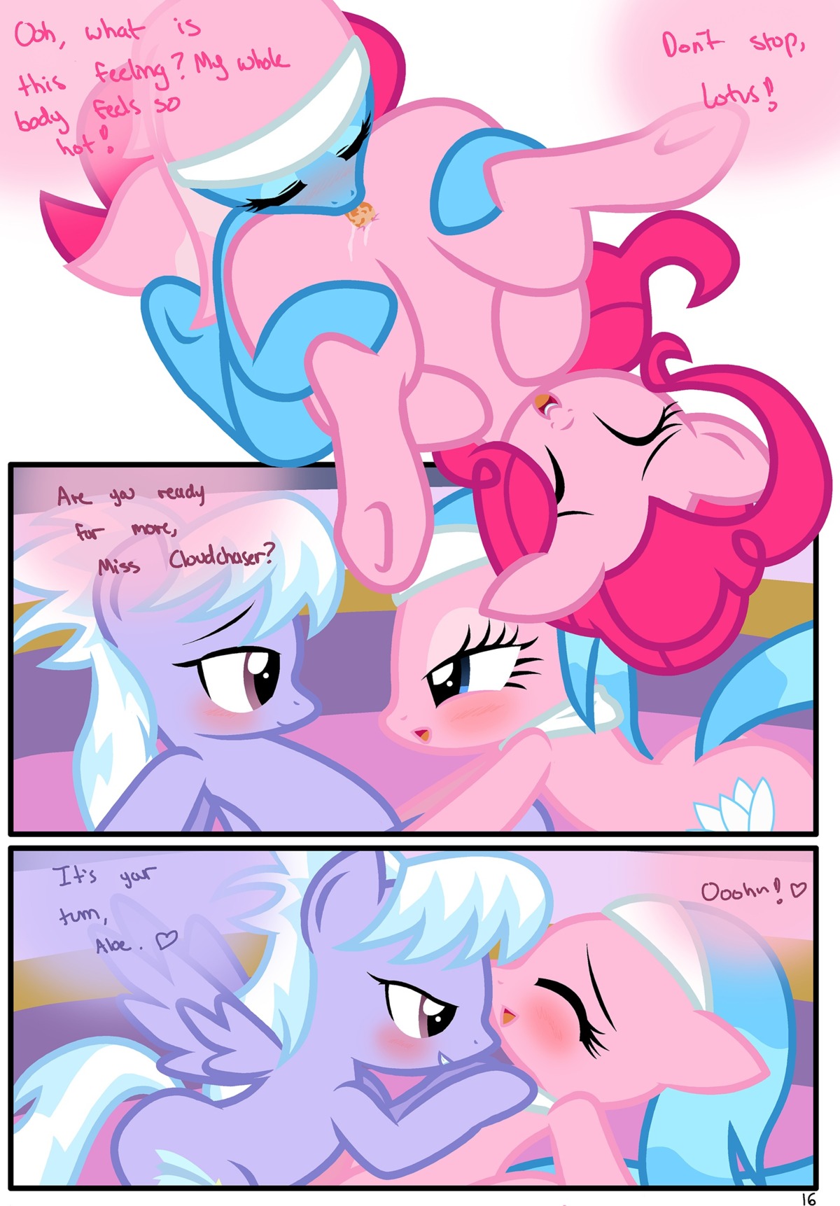 absurd_res aloe_(mlp) cloud_chaser_(mlp) comic dialogue duo e621 earth_pony english_text equid equine feathered_wings feathers female female/female feral friendship_is_magic genitals hasbro heart_symbol hi_res horse indirect_incest_(lore) licking lotus_(mlp) mammal my_little_pony mythological_creature mythological_equine mythology pegasus pinkie_pie_(mlp) pony pyruvate quadruped sex tail text tongue tongue_out vulva wings
