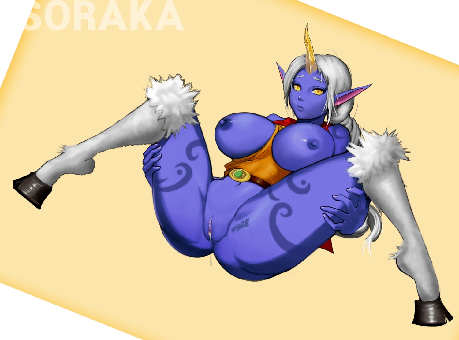 animal_humanoid big_breasts bodily_fluids breasts darkrumi e621 female genital_fluids genitals hair hi_res hooves horn human humanoid humanoid_pointy_ears league_of_legends lying mammal navel nipples on_back pointy_ears riot_games solo soraka spread_legs spreading tencent vaginal_fluids vulva white_hair yellow_eyes