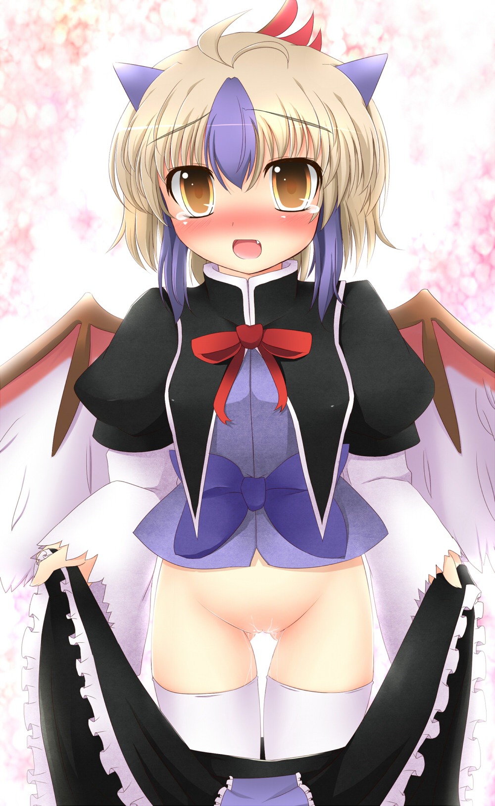 1girls 2d ahoge blush burujawa curiosities_of_lotus_asia female female_only highres horns multicolored_hair no_panties pussy pussy_juice rule34 short_hair solo tears thighhighs tokiko_(touhou) touhou uncensored wings yellow_eyes