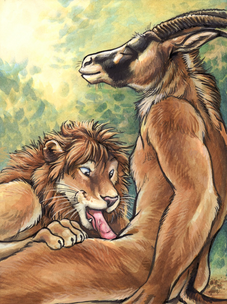 2012 animal_genitalia antelope anthro blotch bovid brown_body brown_fur brown_hair duo e621 erection eyes_closed felid fellatio fur genitals grazing_antelope hair head_in_crotch hi_res interspecies lion male male/male male_penetrated male_penetrating male_penetrating_male mammal nude oral oral_penetration outside pantherine penetration penile penis predator/prey roan_antelope role_reversal scratches_volume_6 sex sitting smile tongue traditional_media_(artwork) whiskers