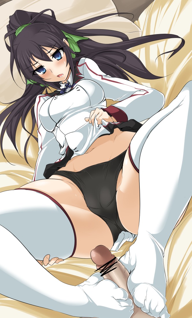 blue_eyes blush censored dark_penis feet footjob footjob_with_footwear hair_ribbon infinite_stratos interracial long_hair male midriff momio open_mouth panties penis ponytail ribbon rule34 shinonono_houki sitting spread_legs thighhighs tied_hair underwear white_legwear white_thighhighs