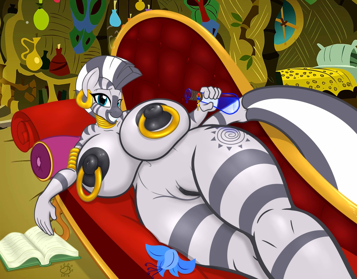 2013 absurd_res anjuneko anthro anthrofied areola armband badgerben big_breasts black_areola black_nipples blue_eyes breasts choker choker_only cutie_mark dark_areola dark_nipples e621 ear_piercing equid equine female friendship_is_magic furniture genitals gold_(metal) gold_choker gold_jewelry gold_necklace hasbro hi_res huge_breasts jewelry jewelry_only mammal mohawk my_little_pony navel neck_ring necklace necklace_only nipple_piercing nipples nude piercing pillow poison_joke potion smile sofa solo stripes vulva zebra zecora_(mlp)
