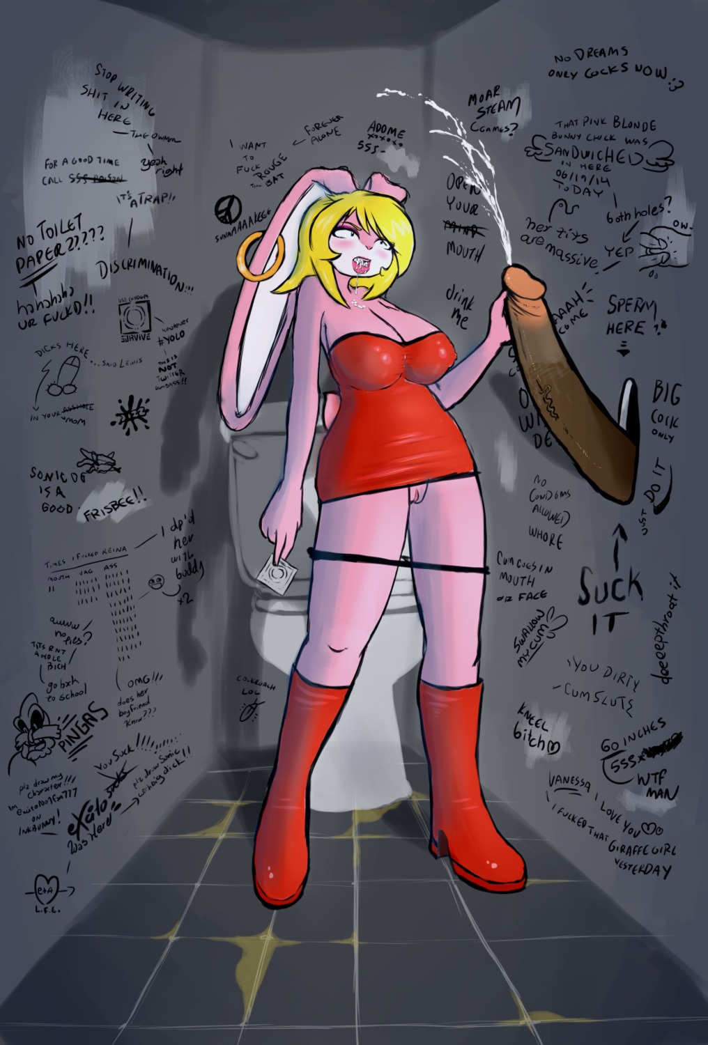 5_fingers anthro awesome_face bathroom big_breasts big_penis blonde_hair bodily_fluids boots bottomless breasts clothed clothing colored condom cum cumshot dress duo e621 ear_piercing ejaculation english_text erection excito fellatio female fingers footwear front_view fur genital_fluids genitals glory_hole graffiti hair hi_res humanoid_genitalia humanoid_penis lagomorph leporid male male/female mammal meme oral orgasm panties penile penis piercing pink_body pink_fur profanity public public_restroom rabbit red_boots red_clothing red_dress red_footwear reiva_the_rabbit restroom_stall saliva sex sexual_barrier_device shoes solo_focus text toilet underwear vein veiny_penis vulva