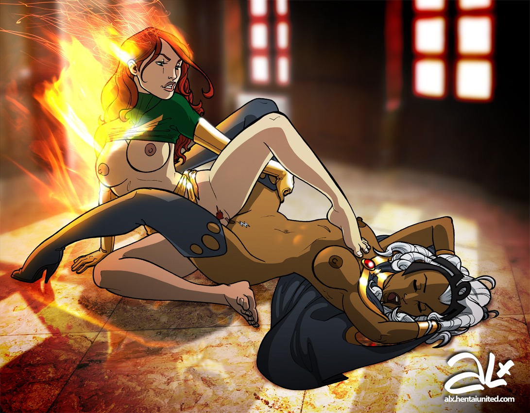 2girls alx_(fuckit) barefoot breasts cape closed_eyes dark-skinned_female dark_skin female female_only foot_on_breast gloves high_heels interracial jean_grey long_hair marvel marvel_comics multiple_females multiple_girls navel nipples ororo_munroe phoenix_(x-men) pubic_hair pussy red_hair rule34 sex shirt_lift smile storm_(x-men) thighhighs tiara tribadism vagina white_hair x-men yuri