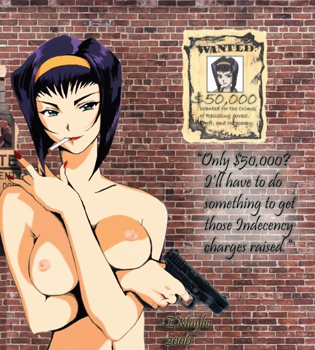 1990s_(style) 1girls 2006 2010 2d 2d_(artwork) arm_u arm_under_breasts breasts cigarette cowboy_bebop dialogue emaylic english_text faye_valentine female female_only glock_17 gun hairband human large_breasts light-skinned_female light_skin nipples no_sex nude nude_female pale-skinned_female pale_skin pistol poster purple_hair retro_artstyle rule34 short_hair smoking solo solo_female text upper_body vintage wanted_poster weapon