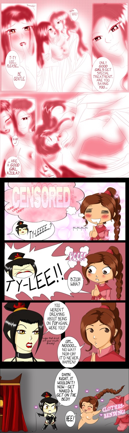 2girls artist_request avatar_the_last_airbender azula blush breasts clothesbending clothing comic dialogue english_text female female_pervert fire_nation medium_breasts multiple_females multiple_girls nickelodeon rule34 stockings straight_hair tagme text ty_lee yuri