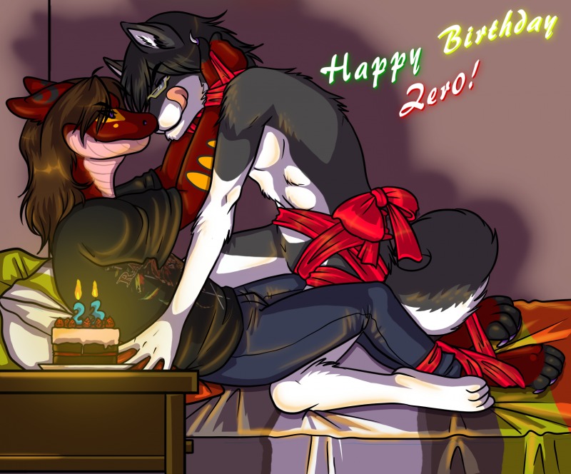andromorph anthro bed birthday boa_(snake) boa_constrictor boinae bottomwear cake canid canine canis clothing dessert disastress domestic_dog duo e621 eyewear food furniture glasses husky hybrid intersex male mammal nordic_sled_dog pants reptile ribbons scalie servo shirt snake spitz tee topwear wolf zer0