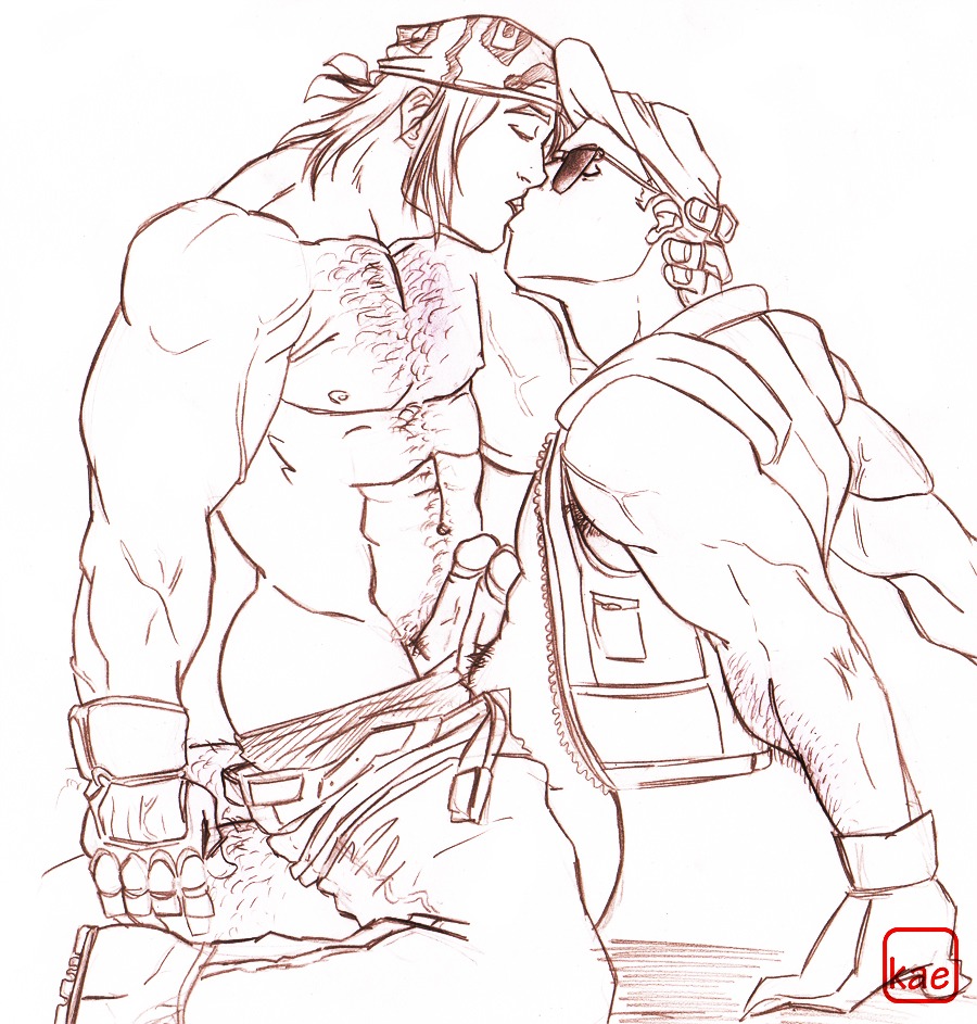 2boys bara clark_still clothed_sex clothes frottage hat king_of_fighters kissing male male_focus male_only monochrome penis penises_touching ralf_jones rule34 snk tagme yaoi