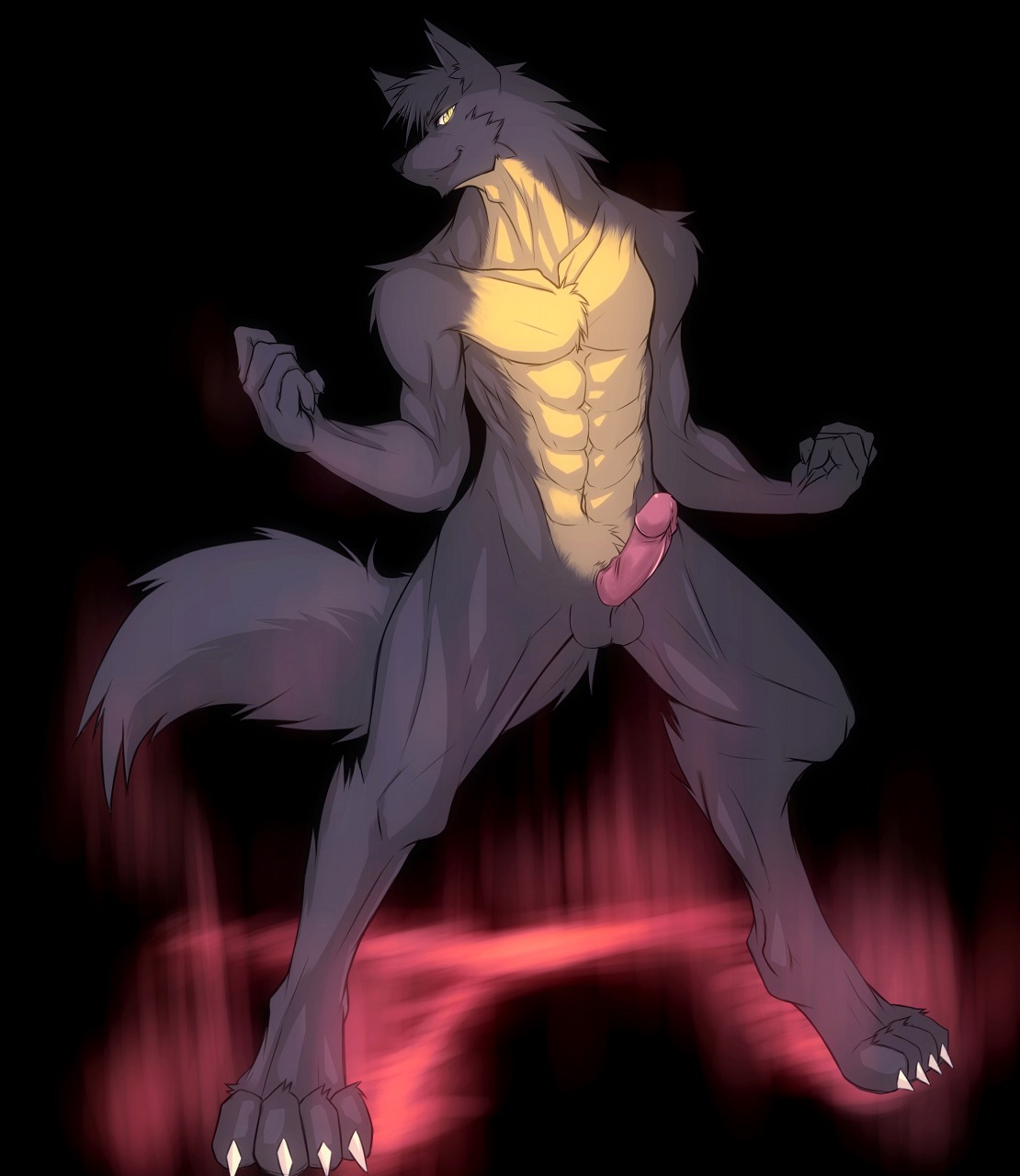 abs abstract_background animal_genitalia anthro athletic balls biceps biped black_nose canid canine canis chest_tuft claws e621 erection flexing fur genitals grey_body grey_fur grin hi_res humanoid_genitalia humanoid_penis kiba-wolf looking_at_viewer male mammal muscular muscular_anthro nude pecs penis pose presenting sheath simple_background smile solo standing toe_claws tuft vein wolf yellow_body yellow_eyes yellow_fur