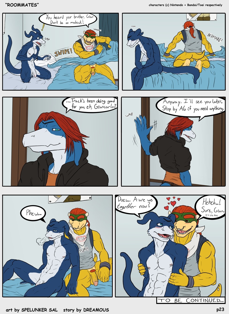 anthro balls bandai blush bowser_koopa_junior_(roommates) comic digimon dreamous_(writer) duo flaccid flamedramon from_behind furry furry_only gay giancarlo_rosato hi_res horn humanoid_genitalia humanoid_penis koopa male male/male male_only mario_(series) muscles nintendo nude penis piercing pubes roommates_(comic) rule34 scalie sex simple_background smile spelunker_sal straight_hair yaoi