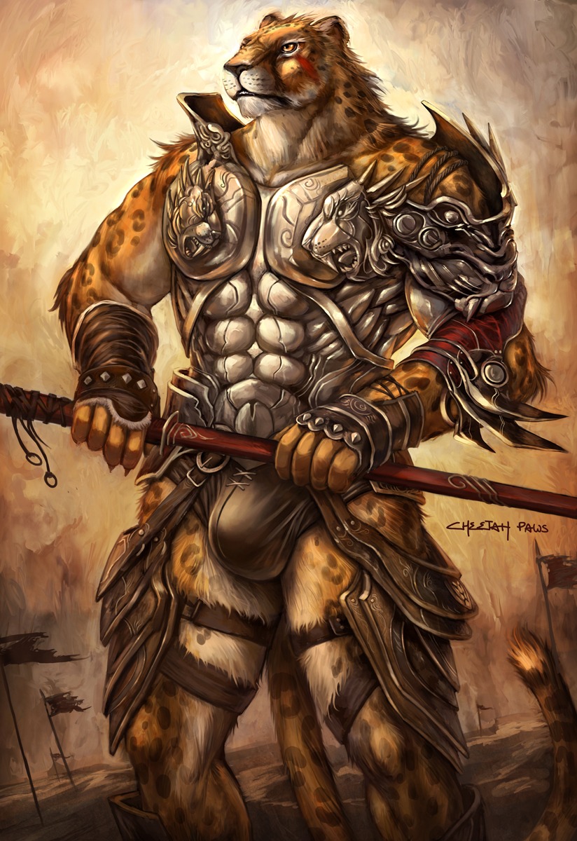 amber_eyes anthro armor biped bulge cheetahpaws clothing convincing_weapon e621 felid flag hi_res katana leopard male mammal markings melee_weapon muscular muscular_anthro muscular_male pantherine pinup polearm pose solo standing sword tail unconvincing_armor underwear warm_colors weapon