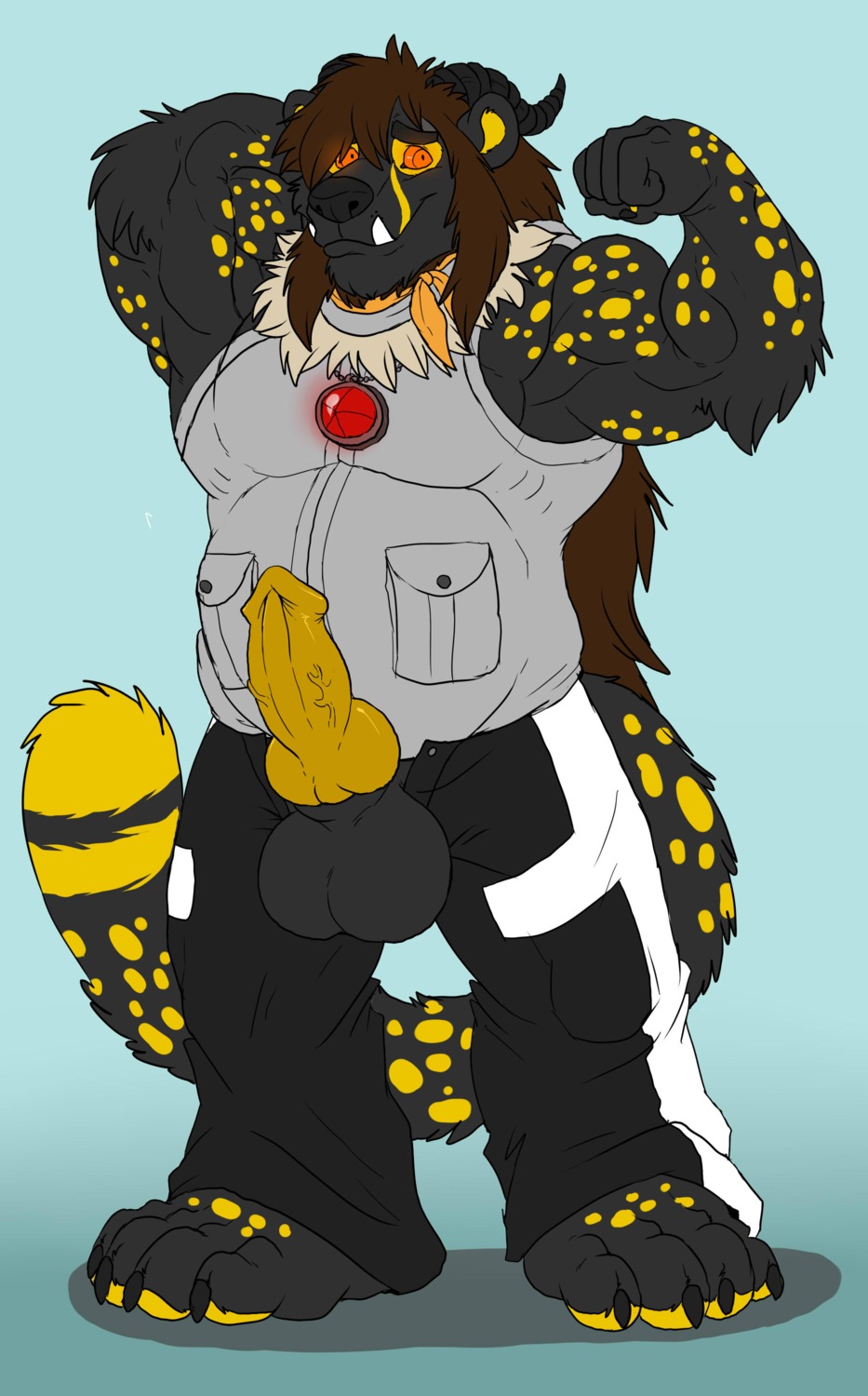 2013 absurd_res animal_genitalia animal_penis anthro arody balls bear biceps big_balls big_muscles big_penis biped bottomwear canine_genitalia canine_penis cheetah claws clothing demon e621 erection fangs felid feline flexing fur genitals grey_body grey_fur hair hi_res horn hybrid jacket knot long_hair male mammal markings musclegut muscular muscular_anthro muscular_male naiwi pants pawpads paws pecs penis pose presenting sheath slightly_chubby solo spots standing teeth toe_claws topwear vein yellow_body yellow_fur yellow_penis