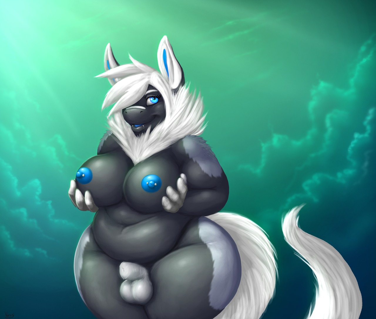 2013 abstract_background alligator alligatorid animal_genitalia anthro areola balls belly big_breasts big_ears biped black_body black_fur black_lips blue_eyes blue_nipples blue_tongue breast_fondling breast_play breasts canid canine chest_tuft crocodilian detailed e621 eddie_(dessy) facial_piercing flaccid fondling fox front_view fully_sheathed fur genitals green_background grey_body grey_fur gynomorph hair hair_over_eye hand_on_breast hybrid intersex lip_piercing lip_ring lips looking_at_viewer mammal multicolored_body multicolored_fur navel nipple_piercing nipples non-mammal_balls non-mammal_breasts non-mammal_nipples nude one_eye_obstructed penis piercing pinup pose reptile ring_piercing scalie sheath simple_background slightly_chubby solo standing tail thick_lips thick_thighs tongue tuft two_tone_body two_tone_fur vorry white_hair wide_hips